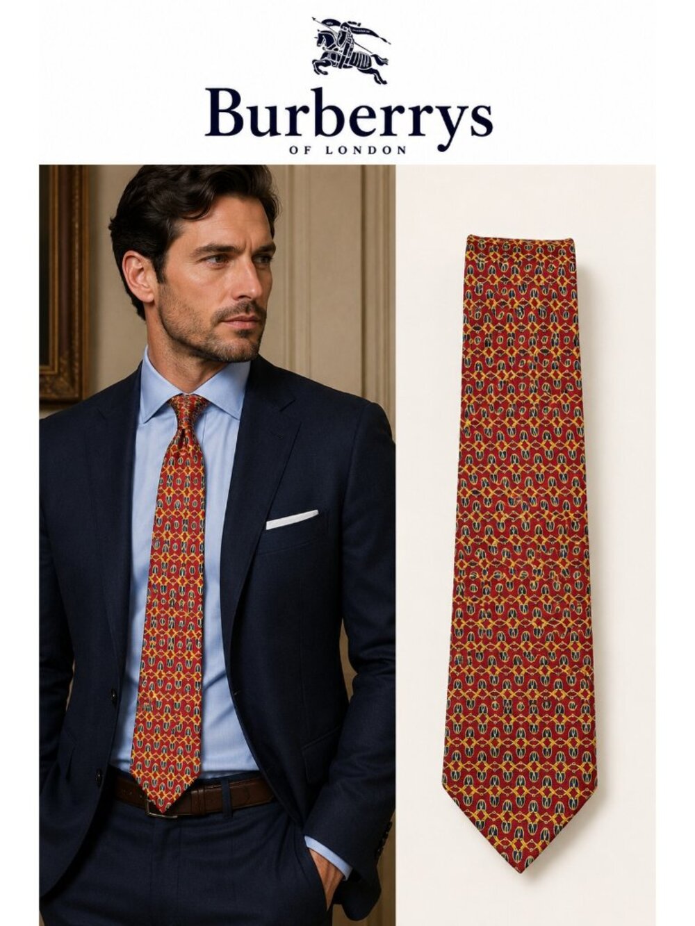 Burberrys of London Vintage 100% Silk Tie Red Gold Blue Equestrian Made England
